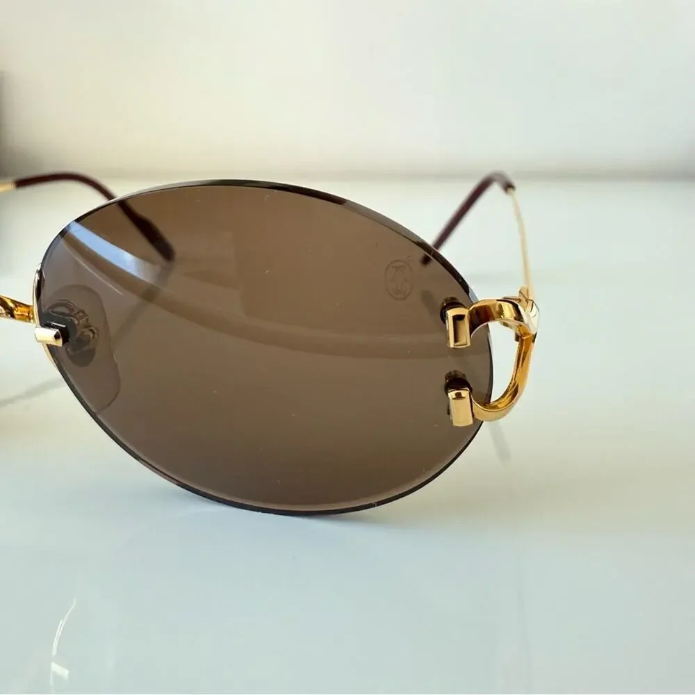 CARTIER Oval Rimless Sunglasses Brown  Gold Frame Authentic Vintage